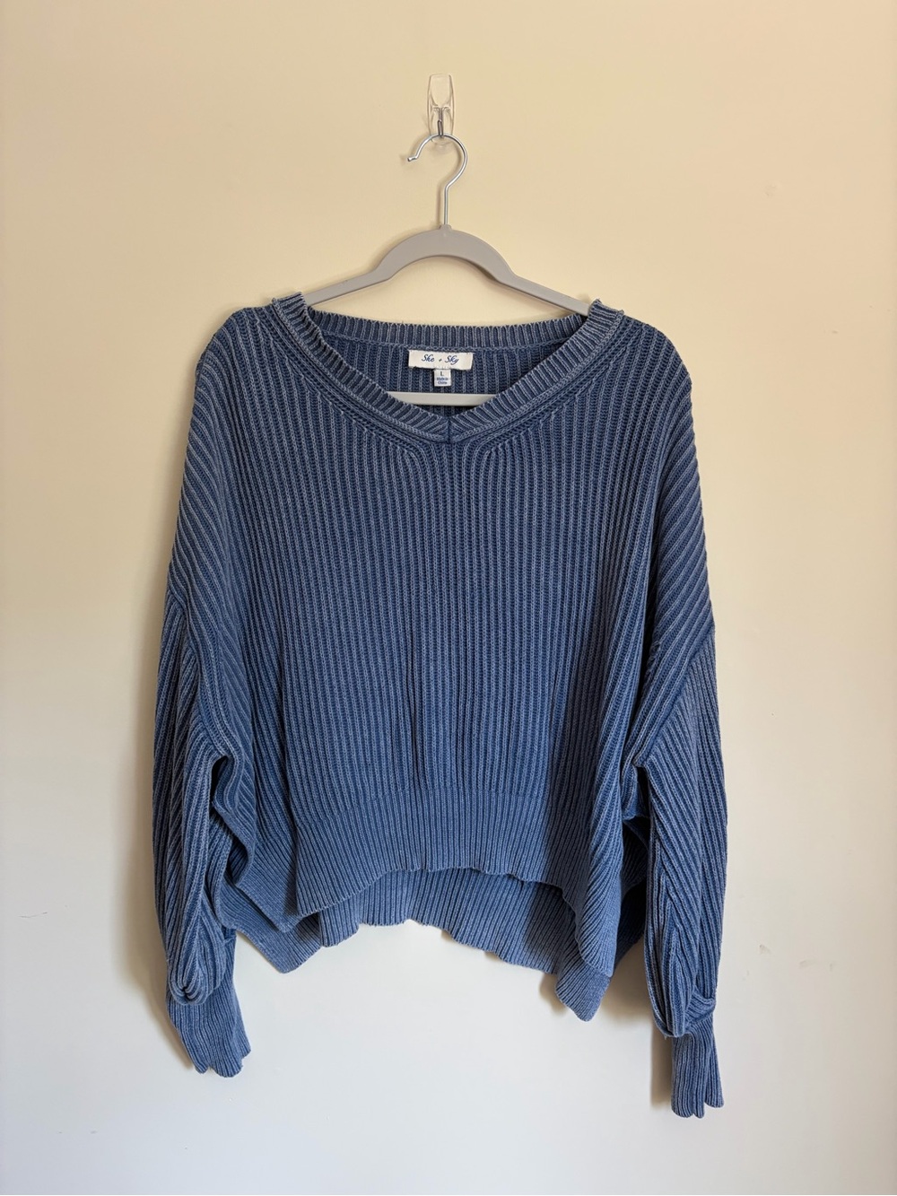She + Sky Dusty Blue Ribbed V-Neck Sweater